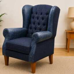 Handmade Wingback Armchair, Italian Blue Leather & Royal Harris Tweed, Chesterfield Style UK Made - thumbnail 2