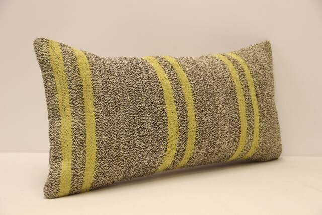 striped Pillow 12x24 - 30x60 cm Turkish Kilim Boho Pillow, Throw Covers, Old Cushion Vintage Yellow, Gray, 4Oaf-567 - image 1