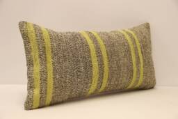 striped Pillow 12x24 - 30x60 cm Turkish Kilim Boho Pillow, Throw Covers, Old Cushion Vintage Yellow, Gray, 4Oaf-567 - thumbnail 1
