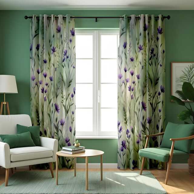 Green Leaf Curtains With Purple Blooms, Botanical Print Drapes, Custom Length Window Panels For Natural Curtain - image 1
