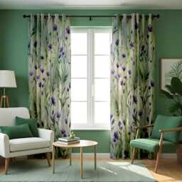 Green Leaf Curtains With Purple Blooms, Botanical Print Drapes, Custom Length Window Panels For Natural Curtain
