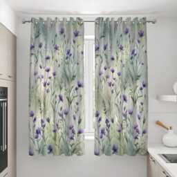Green Leaf Curtains With Purple Blooms, Botanical Print Drapes, Custom Length Window Panels For Natural Curtain - thumbnail 3