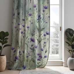 Green Leaf Curtains With Purple Blooms, Botanical Print Drapes, Custom Length Window Panels For Natural Curtain - thumbnail 2