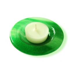 Green & Opaline White Murano Glass Candle-Holder, Fused Saucer For Small Light, Warm Light Christmas Table, Unique Gift - thumbnail 2