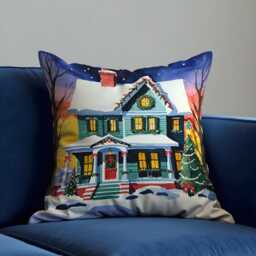 Christmas House Cushion Cover, Cozy Holiday Home Scene With Lights & Tree, Winter Throw Pillow Cover For Festive Living Room Or Sofa Decor - thumbnail 1