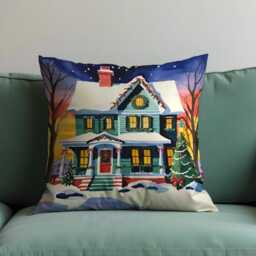 Christmas House Cushion Cover, Cozy Holiday Home Scene With Lights & Tree, Winter Throw Pillow Cover For Festive Living Room Or Sofa Decor - thumbnail 3
