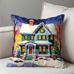 Christmas House Cushion Cover, Cozy Holiday Home Scene With Lights & Tree, Winter Throw Pillow Cover For Festive Living Room Or Sofa Decor - thumbnail 4