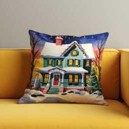 Christmas House Cushion Cover, Cozy Holiday Home Scene With Lights & Tree, Winter Throw Pillow Cover For Festive Living Room Or Sofa Decor - thumbnail 2