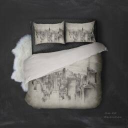 3D Architecture Duvet Cover Set, Hand-Painted City Sketch Bedding - thumbnail 3