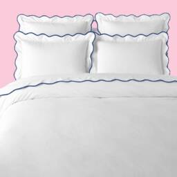 500 Thread Count White Cotton Percale Hotel Stitch Duvet Cover Set in 99 Different Scalloped Piping 1 & 2 Pillow Sham - thumbnail 2