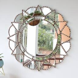 Peruvian Silver Mandala Mirror 60 cm Handmade Wall Decor - Carved Wood Round Boho Statement For Living Room Bedroom Bathroom - thumbnail 3