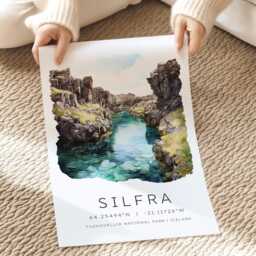Iceland Travel Poster, Print Of Silfra, Map Coordinates, Silfra Fissure, Gift, Watercolour Print, Wall Decor - thumbnail 2
