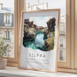 Iceland Travel Poster, Print Of Silfra, Map Coordinates, Silfra Fissure, Gift, Watercolour Print, Wall Decor - thumbnail 3