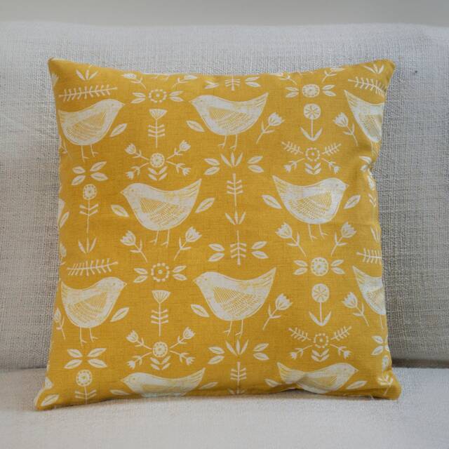 "Scandinavian Birds Cushion. Modern Ochre Yellow With & Geometric Floral Design. 17""x17" - image 1