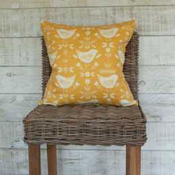 "Scandinavian Birds Cushion. Modern Ochre Yellow With & Geometric Floral Design. 17""x17" - thumbnail 2