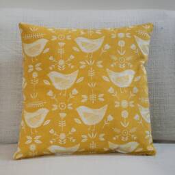 "Scandinavian Birds Cushion. Modern Ochre Yellow With & Geometric Floral Design. 17""x17" - thumbnail 1