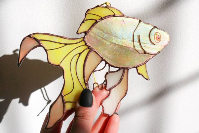 Goldfish Suncatcher Stained Glass Gold Fish Decor Home House Window Wall Hangings Yellow Cling Mom Grandma Gift - image 1