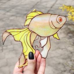 Goldfish Suncatcher Stained Glass Gold Fish Decor Home House Window Wall Hangings Yellow Cling Mom Grandma Gift - thumbnail 3