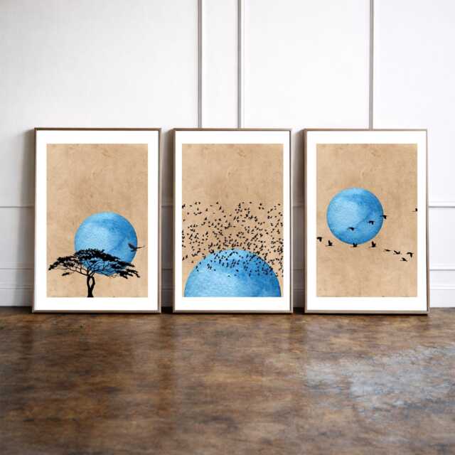 Blue Sunset Wall Art Set Of 3 Prints, Minimalist Bird Art, Boho Sun Triptych, Mid Century Modern Decor, Nature - image 1