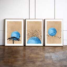 Blue Sunset Wall Art Set Of 3 Prints, Minimalist Bird Art, Boho Sun Triptych, Mid Century Modern Decor, Nature - thumbnail 1