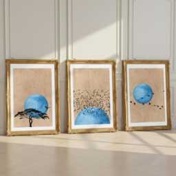 Blue Sunset Wall Art Set Of 3 Prints, Minimalist Bird Art, Boho Sun Triptych, Mid Century Modern Decor, Nature - thumbnail 3