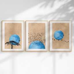 Blue Sunset Wall Art Set Of 3 Prints, Minimalist Bird Art, Boho Sun Triptych, Mid Century Modern Decor, Nature - thumbnail 2