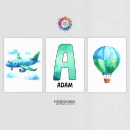 Personalised Kids Airplane Prints - Set Of 3 Posters - Hot Air Balloon Wall Art Kid Boys Room Nursery Custom Name Decor Aviation Gifts - thumbnail 2
