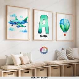 Personalised Kids Airplane Prints - Set Of 3 Posters - Hot Air Balloon Wall Art Kid Boys Room Nursery Custom Name Decor Aviation Gifts - thumbnail 1