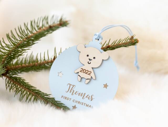 Christmas Bauble Personalised, Teddy Xmas Tree Decoration, Our First Ornament Personalized Baby's Keepsake Family - image 1