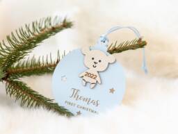 Christmas Bauble Personalised, Teddy Xmas Tree Decoration, Our First Ornament Personalized Baby's Keepsake Family - thumbnail 1