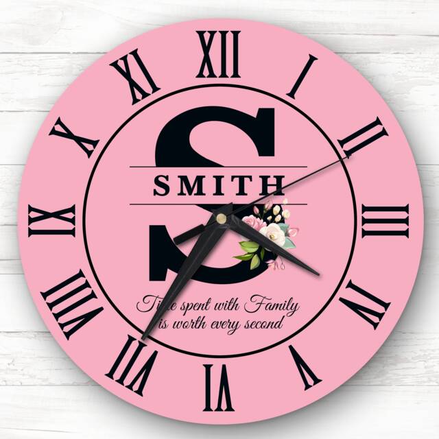 Pink Family Name Any Initial Personalised Gift Clock - image 1
