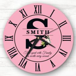 Pink Family Name Any Initial Personalised Gift Clock - thumbnail 1