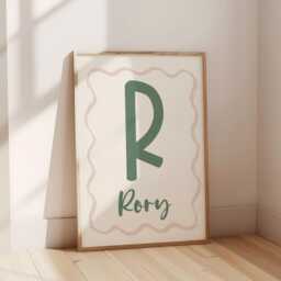 Childrens Initial & Name Neutral Green Wall Print For Bedroom, Nursery Or Playroom - thumbnail 1