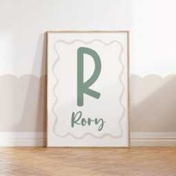 Childrens Initial & Name Neutral Green Wall Print For Bedroom, Nursery Or Playroom - thumbnail 2