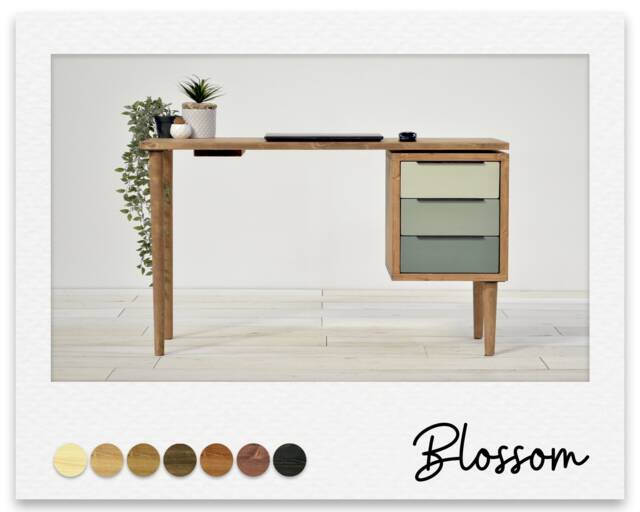 Mid Century Desk For Home Office With 3 Drawer Pedestal, Farrow & Ball Colours, Solid Wood, Choice Of Options On Sizes. Blossom - image 1