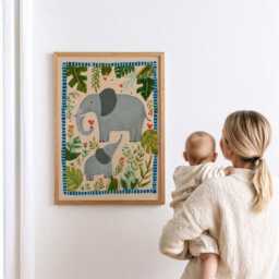 Elephant Nursery Print Mother & Baby Art Jungle Wall Decor Room Whimsical Kids Illustration - thumbnail 3