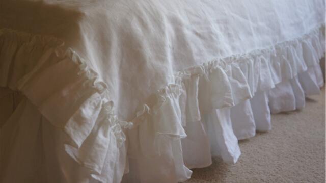 Linen Sheet With Vintage Ruffle Style, Bed Cover, Linen Bedding , Ruffled Pillowcase Also Available, Pure Linen - image 1