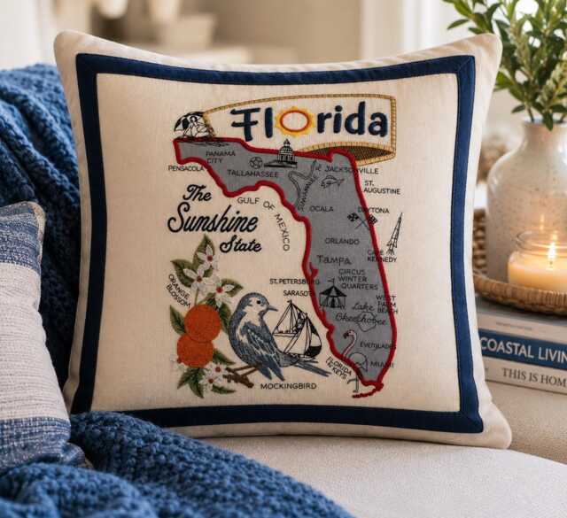 Florida Embroidered Pillow - Sunshine State Decorative Throw Cushion - image 1