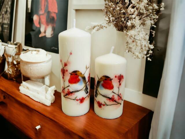 Set Of 2 Robin Tall Pillar Candles, Themed Candle Gift Set, Temembrance Home Decorations, Gifts - image 1