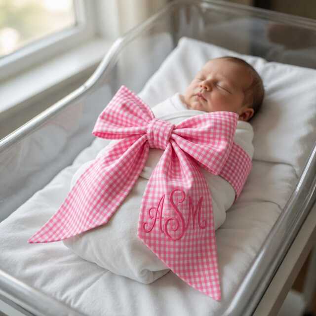 Personalized Baby Name Embroidered Newborn Bow Sash, Monogram Gingham Swaddle, Sash For Picture, Shower Gift - image 1