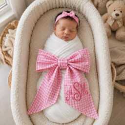 Personalized Baby Name Embroidered Newborn Bow Sash, Monogram Gingham Swaddle, Sash For Picture, Shower Gift - thumbnail 3