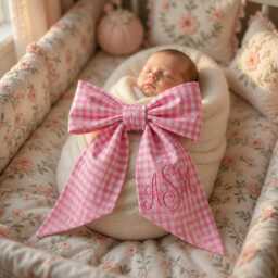 Personalized Baby Name Embroidered Newborn Bow Sash, Monogram Gingham Swaddle, Sash For Picture, Shower Gift - thumbnail 2