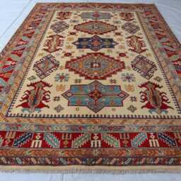 6'8x9'7 Ft Afghan Luxury Red New Area Rug, Kazak Hand Knotted Rug, Medallion Geometric Carpet, Rug For Livingroom - thumbnail 2