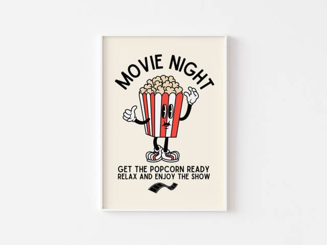 Movie Night Popcorn Retro Character Print - Fun Kitchen Print, Mascot Cartoon, Sweet Salty Popcorn, 60S 70S Art, Enjoy The Show - image 1
