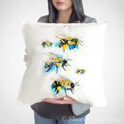 Bees Art Pillow Case, Handcrafted Decorative Cushion Cover - Bee Themed Home Decor Cozy Throw Case Unique Gift Idea - thumbnail 1