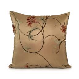 Tan Pillow, Throw Pillow Cover, Decorative Cushion Accent Silk Light Copper, Green, Peach, Floral Embroidery - thumbnail 1