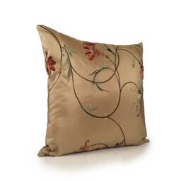 Tan Pillow, Throw Pillow Cover, Decorative Cushion Accent Silk Light Copper, Green, Peach, Floral Embroidery - thumbnail 2