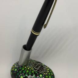 Mandala Stone As Desk Utensil Pen Holder Paper Clip Magnet - Dot Painting Green Yellow - thumbnail 2