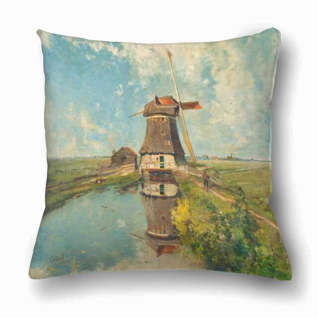 Cushion Cover, Paul Joseph Constantin Gabriel, A Windmill On A Polder Waterway, Vintage Sofa Decor - image 1