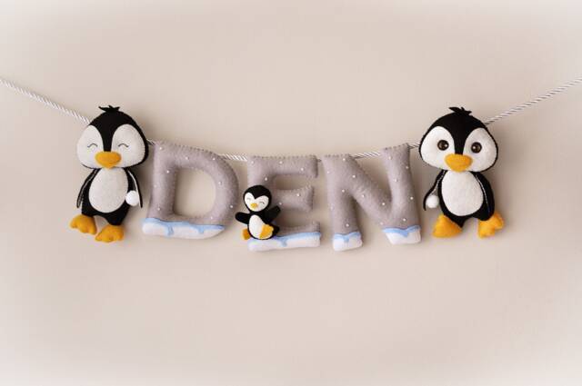 Nursery Decor, Baby Name Sign, Penguins Nursery, Shower Gift, Felt Banner, Crib Wall Art - image 1